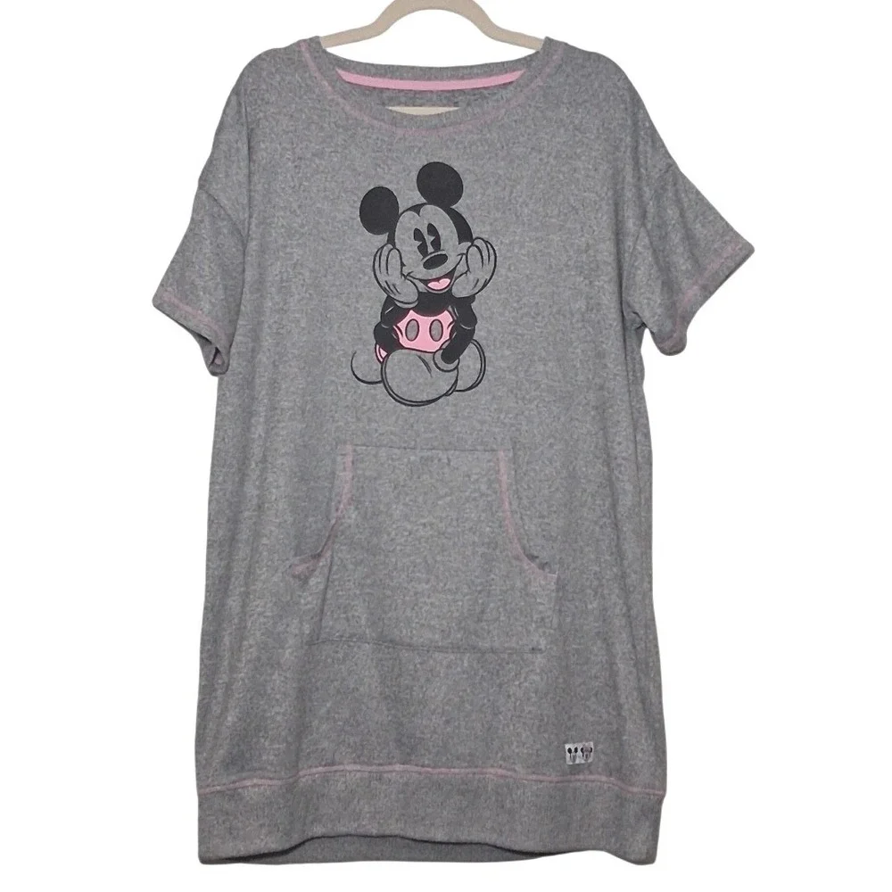 Disney Mickey Mouse Sleep Shirt L Gray Pink Kangaroo Pocket Fleece Nightgown - Picture 1 of 10